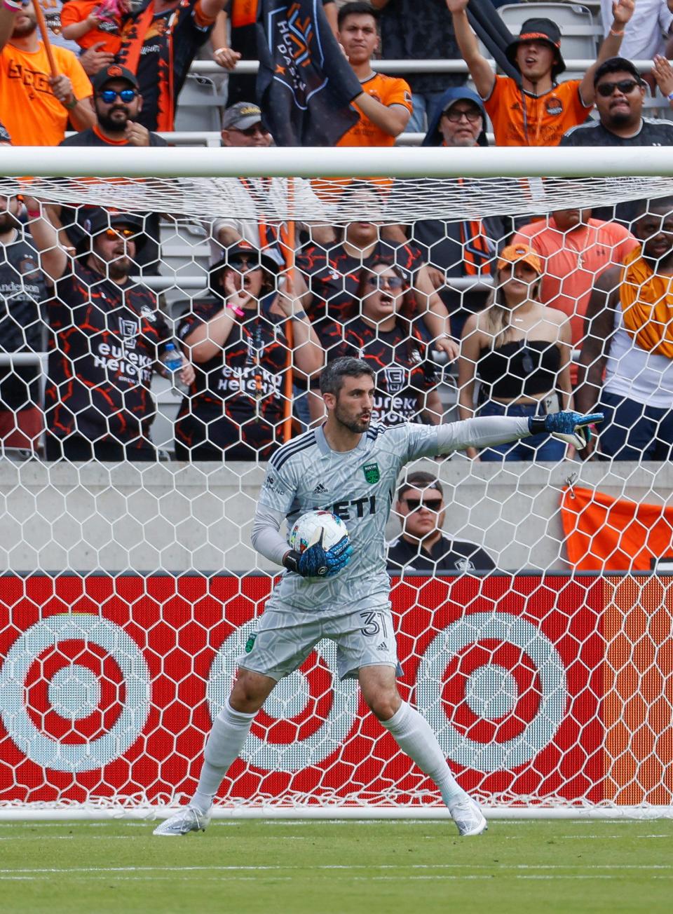 Austin FC goalkeeper Andrew Tarbell directs his defenders in the win over Houston on April 30. Tarbell will make his first start of the season Sunday against the LA Galaxy.