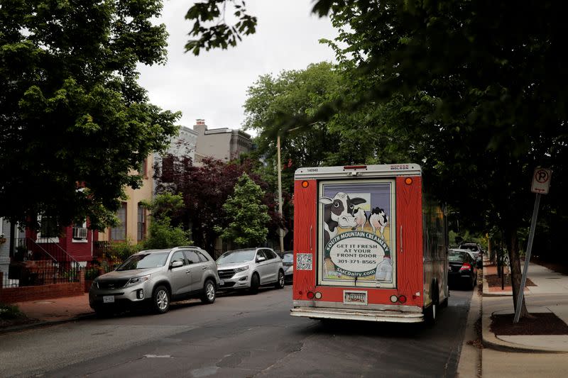 A milk truck is seen parked at Capitol Hill as coronavirus disease (COVID-19) continues to spread in Washington