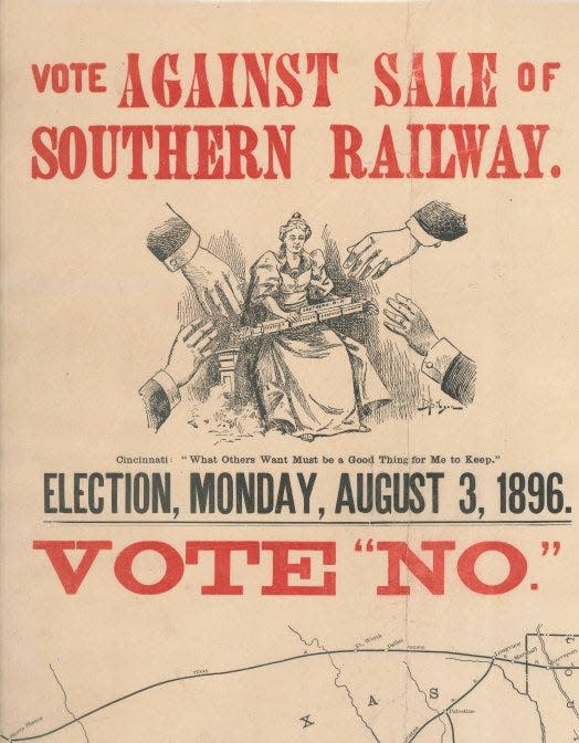 This 1896 poster urged Cincinnati voters to reject Southwestern Construction Co.'s offer to buy Cincinnati Southern Railway. The vote failed by 338 votes, 15,493 to 15,931.