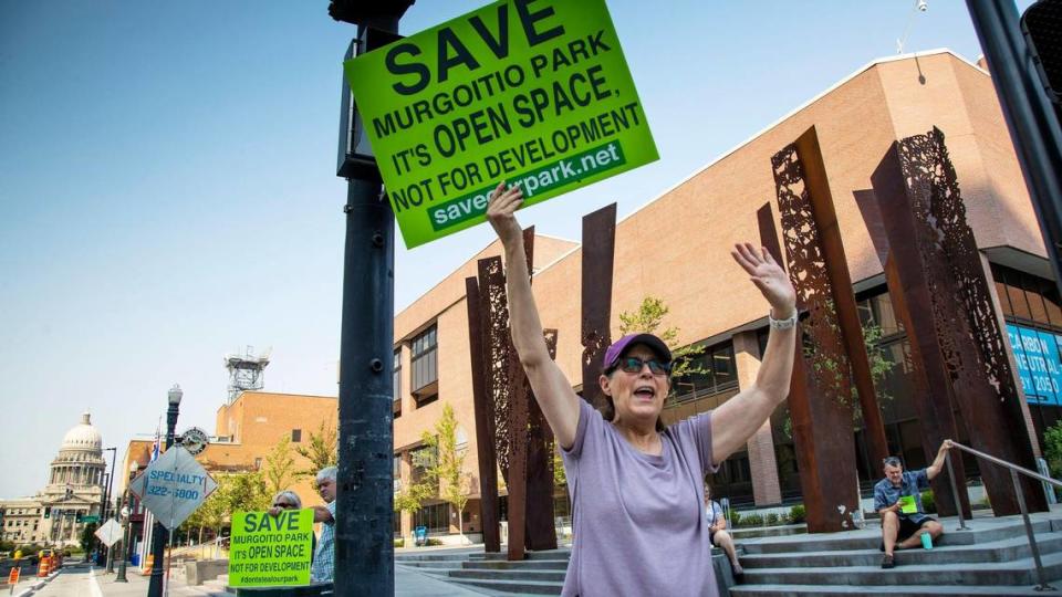 Debbie Kirby Diamond protests in front of Boise City Hall with a group of Southwest Boise homeowners Tuesday, July 13, 2021 prior to the City Council’s weekly meeting.