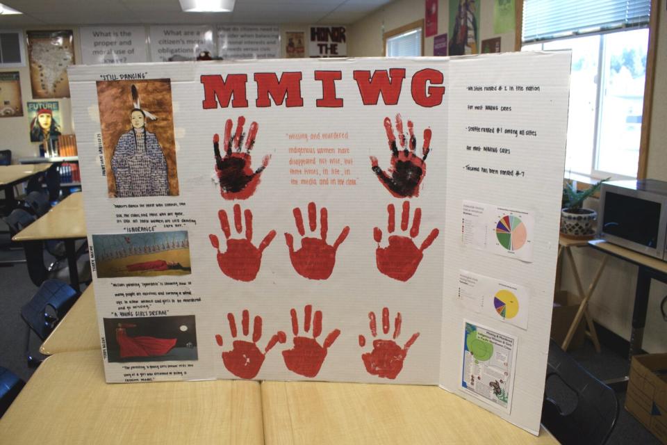 Miranda Lopez’s Missing and Murdered Indigenous Women project is still in a classroom at River Ridge High School today. Nov. 15. (Grace Deng/Washington State Standard)