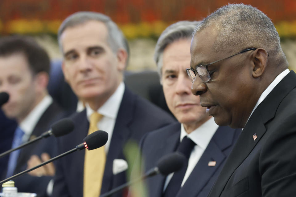 U.S. Defense Secretary Lloyd Austin, right, with Secretary of State Antony Blinken, second right, speaks during the so-called "2+2 Dialogue" with India's Foreign Minister Subrahmanyam Jaishankar and Defense Minister Rajnath Singh at the foreign ministry in New Delhi, India, Friday, Nov. 10, 2023. (Jonathan Ernst/Pool Photo via AP)