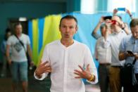 Leader of the Voice party Vakarchuk visits a polling station during Ukraine's parliamentary election in Kiev
