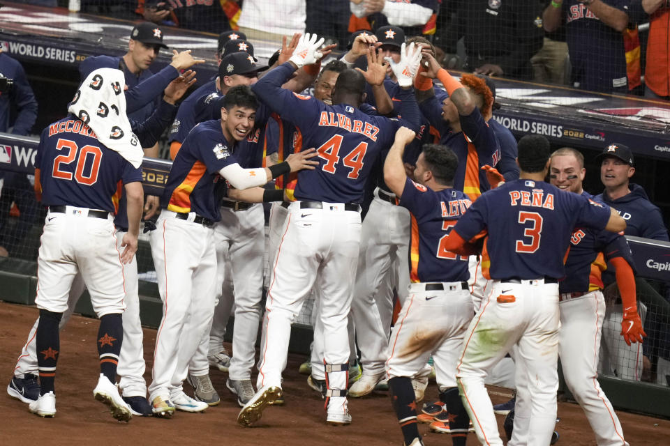 Houston Astros' Yordan Alvarez celebrates his three-run home run during the sixth inning in Game sixth of baseball's World Series between the Houston Astros and the Philadelphia Phillies on Saturday, Nov. 5, 2022, in Houston. (AP Photo/Eric Smith)