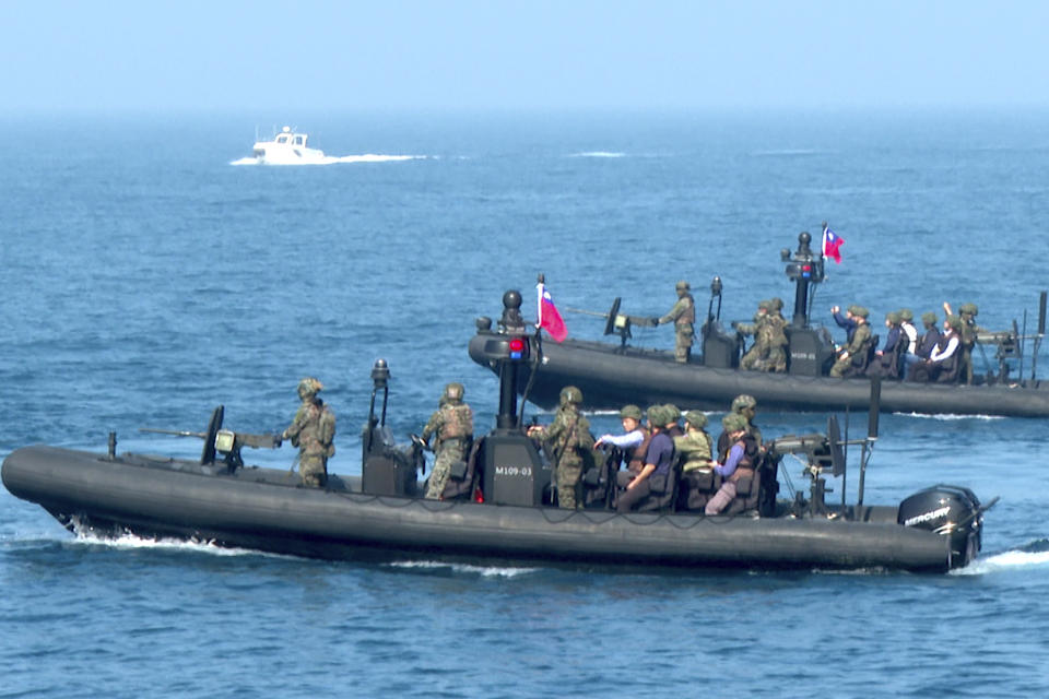 In this image taken from video Taiwanese assault boats take part in naval drills in Kaohsiung, Southern Taiwan on Wednesday, Jan. 31, 2024. Taiwan is holding spring military drills following its recent presidential election and amid threats from China, which claims the island as its own territory that it is determined to annex, possibly by force. (AP Photo/Johnson Lai)