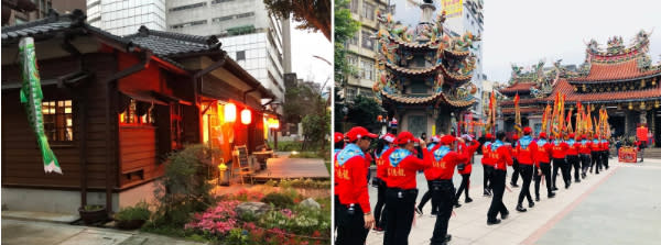 （左）桃園77藝文町，過去為日治警察宿舍；（右）景福宮，是信仰中心也是繁華的街市。