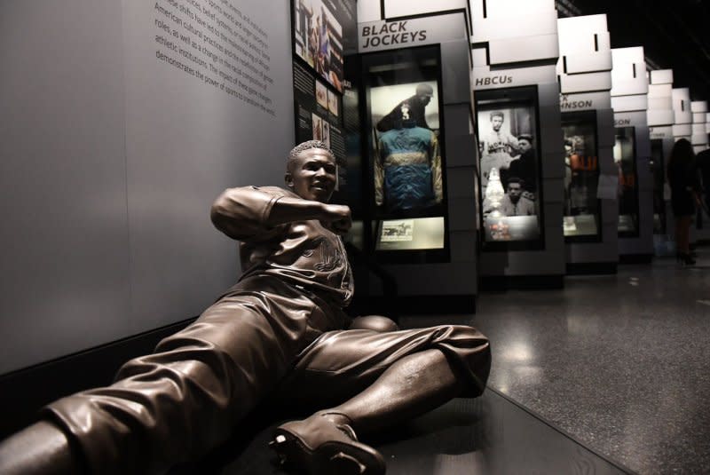 A sculpture of Jackie Robinson is part of the sports exhibit at the Smithsonian National Museum of African American History and Culture on September 14, 2016, in Washington, D.C. On April 11, 1947, Robinson became the first Black player to take the field for a Major League Baseball team. File Photo by Pat Benic/UPI