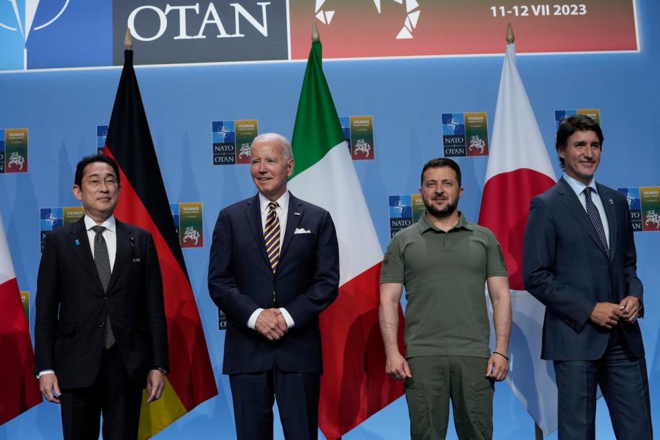 From left, Japan's Prime Minister Fumio Kishida, U.S. President Joe Biden, Zelenskyy and Trudeau stand together during an event with G-7 leaders on the sidelines of the NATO summit in Vilnius Wednesday to announce a joint declaration of support for Ukraine. 