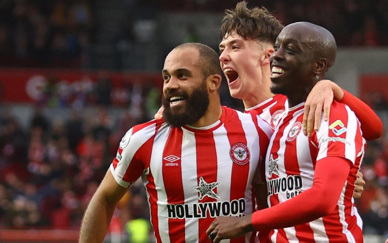 February 4, 2023 Brentford's Bryan Mbeumo celebrates scoring their second goal with Aaron Hickey and Yoane Wissa Action - 'Nathan Jones get out of our club': Southampton fans call for manager to go after Brentford thrashing - Matthew Childs/Reuters