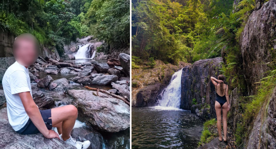 Left: A man sitting on rock at Crystal Cascades waterfall. Right: Woman facing Crystal Cascades waterfall in black swimmers. 