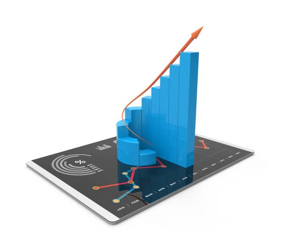 A bar chart going up from left to right, stationed on top of a tablet.