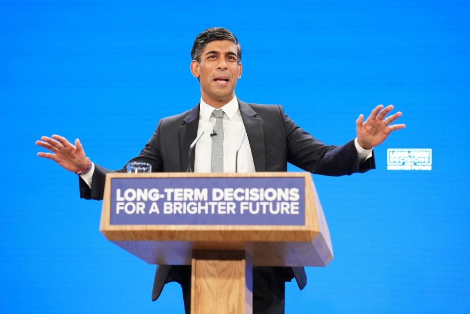 Prime Minister Rishi Sunak delivers his keynote speech at the Conservative Party annual conference (PA)