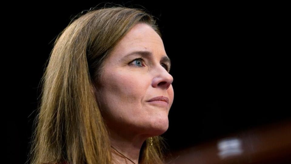 Supreme Court nominee Judge Amy Coney Barrett looks on during her second day of confirmation hearings before the Senate Judiciary Committee on Capitol Hill Tuesday. (Photo by Patrick Semansky-Pool/Getty Images)