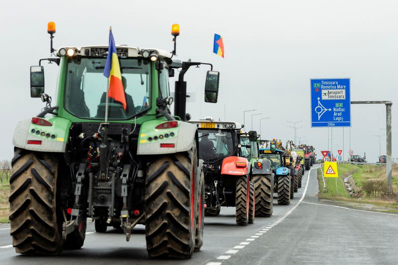 FILE PHOTO: Romanian farmers protest over the price of grains and demand fallout from having an influx of cheap Ukrainian grains