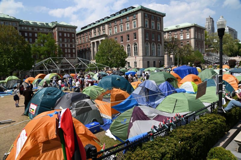 The pro-Palestine encampment covers much of the grounds of Columbia University in New York City on Monday. Photo by Louis Lanzano/UPI
