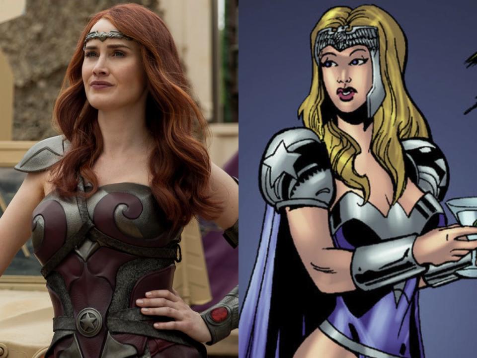 On the left: Dominique McElligott as Queen Maeve in season two of "The Boys." On the right: Queen Maeve in the comics.