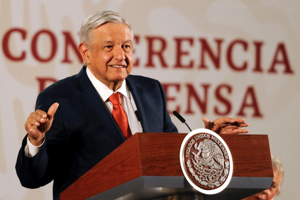 Andres Manuel Lopez Obrador President of Mexico, speaks at the National Palace on March 25 in Mexico City.