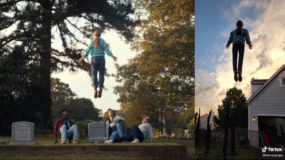 A screenshot from Stranger Things of Max levitating and a similar Halloween decoration