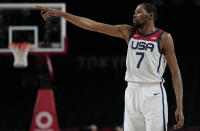 United States's Kevin Durant (7) gestures during men's basketball semifinal game against Australia at the 2020 Summer Olympics, Thursday, Aug. 5, 2021, in Saitama, Japan. (AP Photo/Eric Gay)