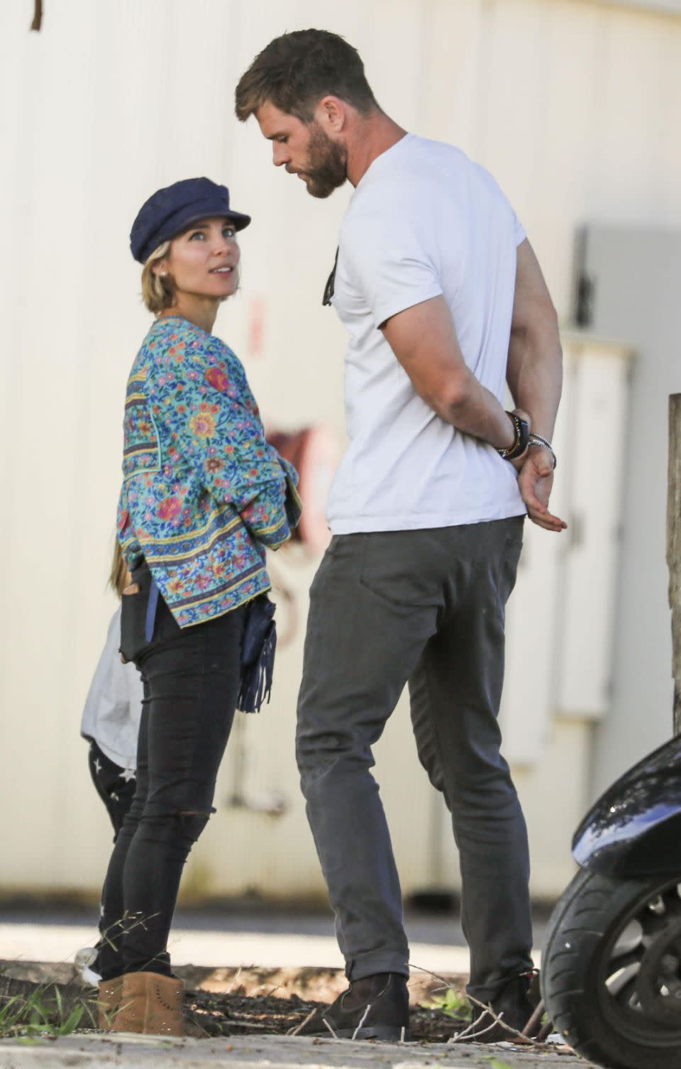 Chris and Elsa looking tense while taking their twins to the farm in Byron Bay, June, 2017. Source: Media-Mode