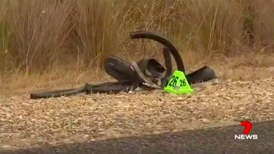 The bike was torn in two after being struck by a vehicle that did not stop. Source: 7News