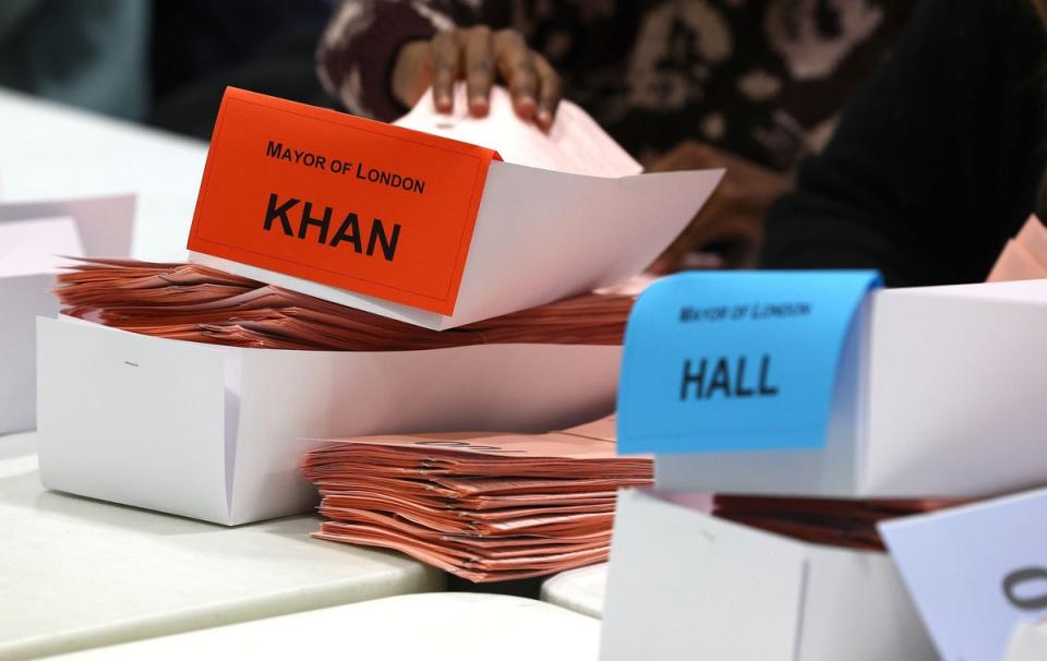 Ballot papers for the London mayoral election are counted for the constituency of Havering and Redbridge at ExCel (Getty Images)