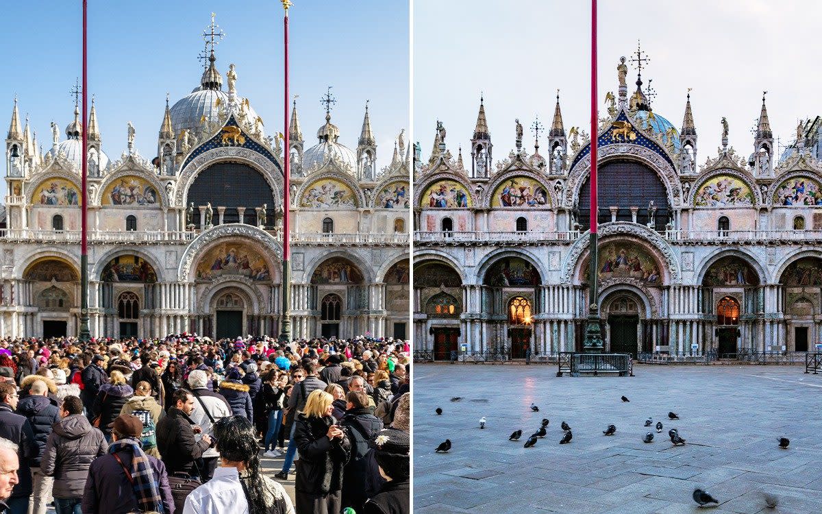 Spot the difference: San Marco plazza in Venice with over crowding during Carnival in 2018, left, compared with the same plazza during a quieter time, right