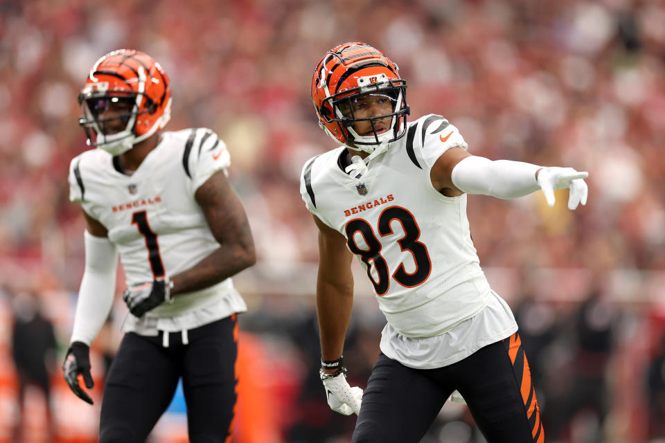 GLENDALE, ARIZONA – OCTOBER 08: Tyler Boyd #83 of the Cincinnati Bengals reacts during the first half against the Arizona Cardinals at State Farm Stadium on October 08, 2023 in Glendale, Arizona. (Photo by Christian Petersen/Getty Images)