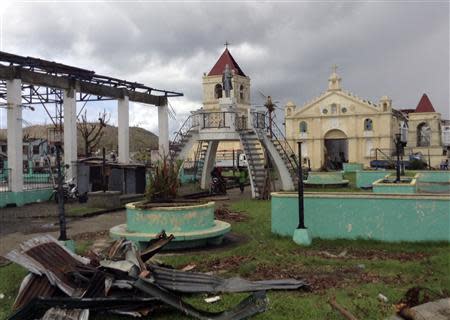 A view of the Roman Catholic church and belfry in the coastal Philippine town of Balangiga devastated by super typhoon Haiyan, November 20, 2013. Picture taken November 20, 2013. REUTERS/Nathan Layne