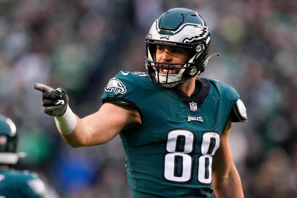 Philadelphia Eagles tight end Dallas Goedert gestures during the first half of the NFC Championship NFL football game between the Philadelphia Eagles and the San Francisco 49ers on Sunday in Philadelphia.