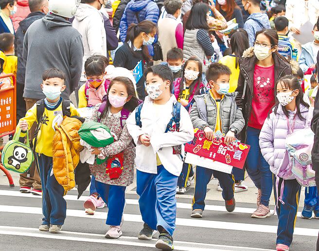 這波本土疫情爆發，中小學陸續有大規模停課，專營學校營養午餐的團膳業者大受衝擊，卻沒在這次的紓困補助範圍，業者大吐苦水。圖為年初寒假來臨，小學生戴口罩放學迎接假期。（本報資料照片）