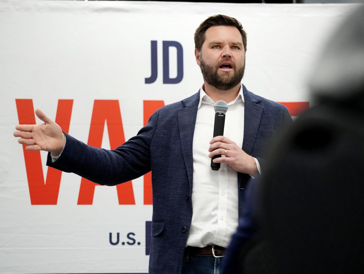 JD Vance holds a town hall at Black Wing Shooting Center in Delaware, Ohio, as part of his Senate campaign on Friday,. January 14, 2022.