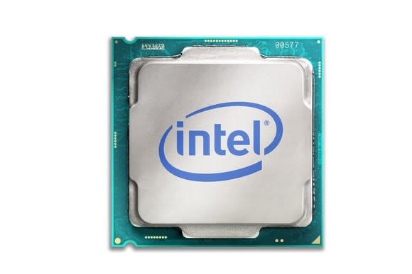 An Intel desktop processor with an Intel logo etched on it.