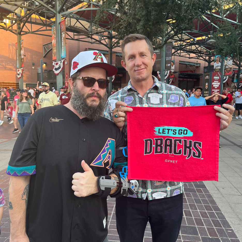 Tucson natives Danny Martin and Andrew Brown pose for a photo after Diamondbacks beat the Phillies in Game 3 on Oct. 19, 2023.