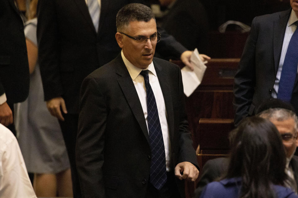 FILE - In this Oct. 3, 2019 file photo, Israeli politician Gideon Saar attends the swearing-in of the new Israeli parliament in Jerusalem. On Monday, Dec. 16, 2019, Saar officially launched his bid to unseat Prime Minister Benjamin Natanyahu as head of ruling Likud party. (AP Photo/Ariel Schalit, File)