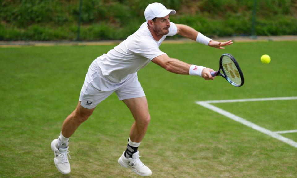 <span>Andy Murray stretches for a forehand during his preparation for a final appearance at Wimbledon.</span><span>Photograph: John Walton/PA</span>