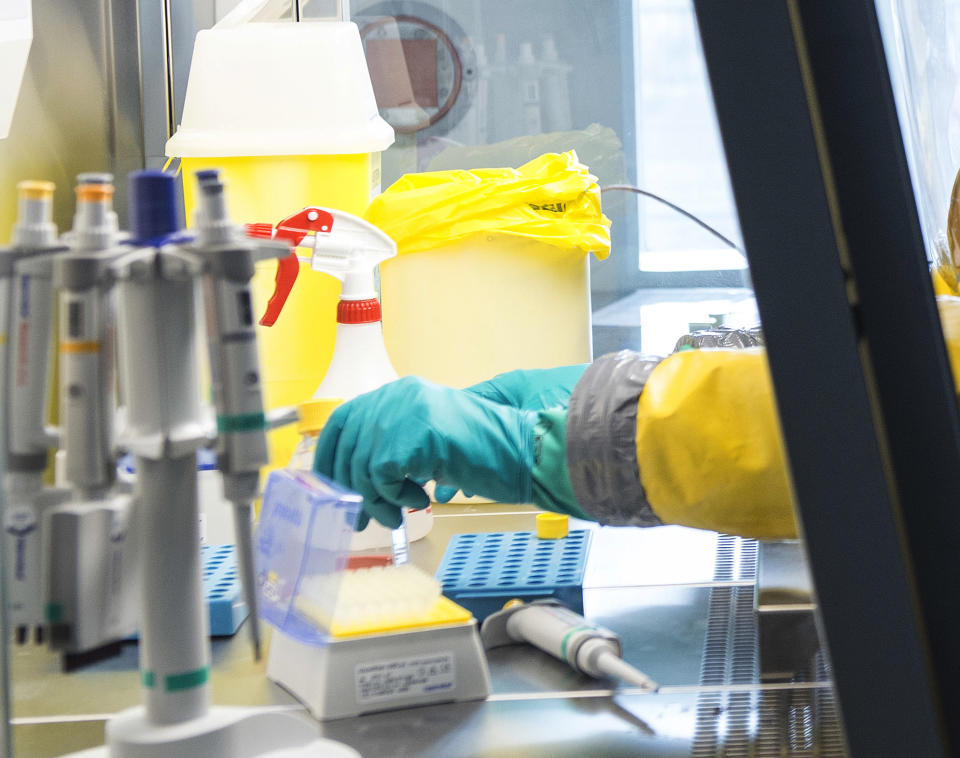 FILE - In this file photo dated Wednesday, Nov. 19, 2014, a virologist works inside the Spiez Laboratory that conducts chemical weapons tests, in Spiez, Switzerland. Dutch authorities arrested and expelled two suspected Russian spies some months ago, for allegedly trying to hack the Spiez Laboratory, Switzerland’s government confirmed Friday Sept. 14, 2018, as it summoned the Russian ambassador to protest an “attempted attack.” (Peter Schneider/Keystone FILE via AP)