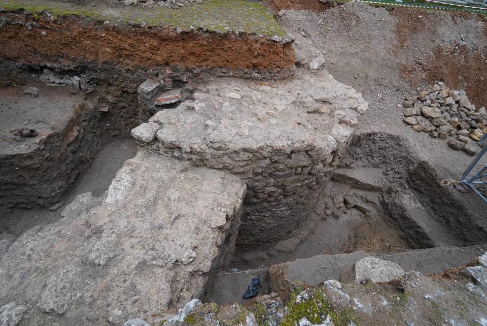 The top of a large stone column unearthed at the site.