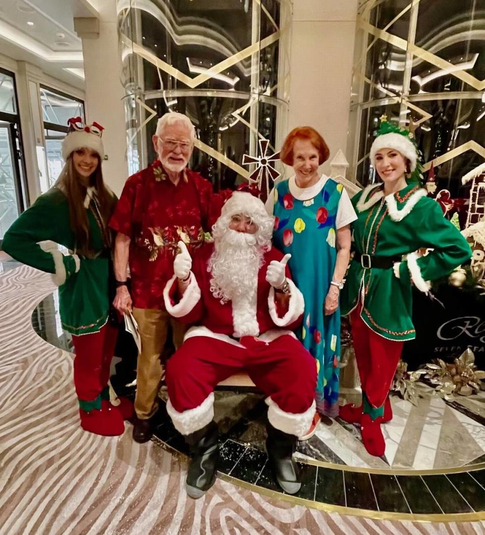 Houstonian Sandy Sneed, second from right, is shown on a cruise Christmas Day 2022. Sneed will be going on Regent Seven Seas Mariner 132-day world cruise that will leave PortMiami on Jan. 6, 2024.