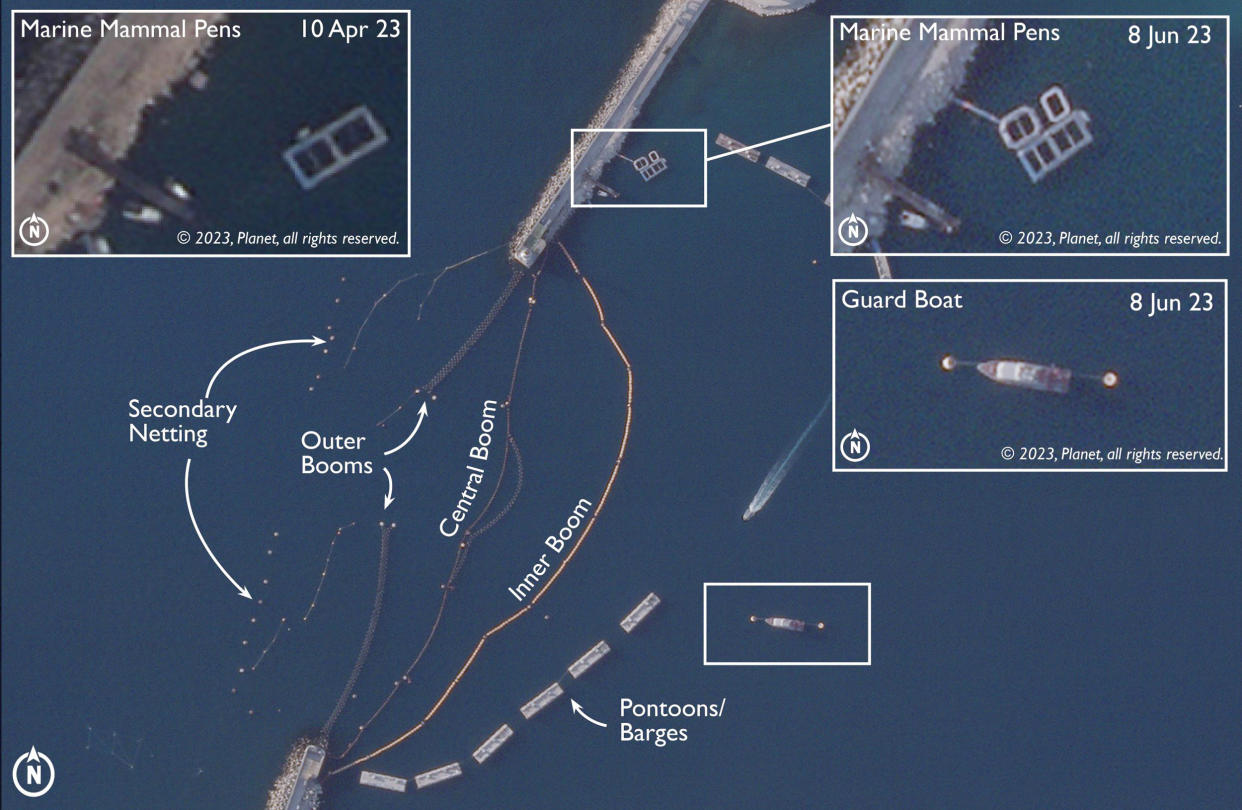 British Government analysis of satellite imagery over the port of Sevastopol appears to show an increase in marine training units between April and June 2023.  (UK Ministry of Defense / Planet Labs )