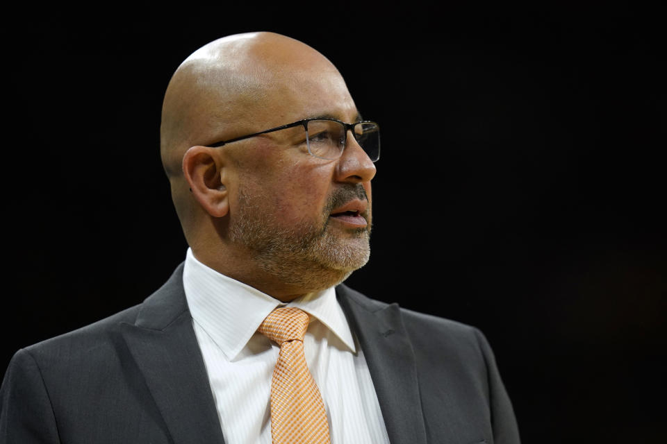 Bowling Green head coach Fred Chmiel watches from the bench during the first half of an NCAA college basketball game against Iowa, Saturday, Dec. 2, 2023, in Iowa City, Iowa. (AP Photo/Charlie Neibergall)