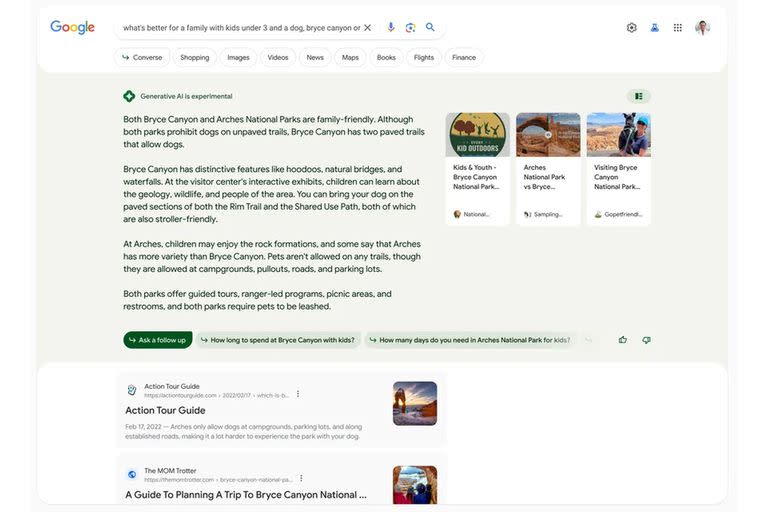 Una vista de cómo se verá el nuevo buscador de Google, aumentado por inteligencia artificial: creará un resumen de la información que se puede encontrar en otros sitios, con enlaces a ellos