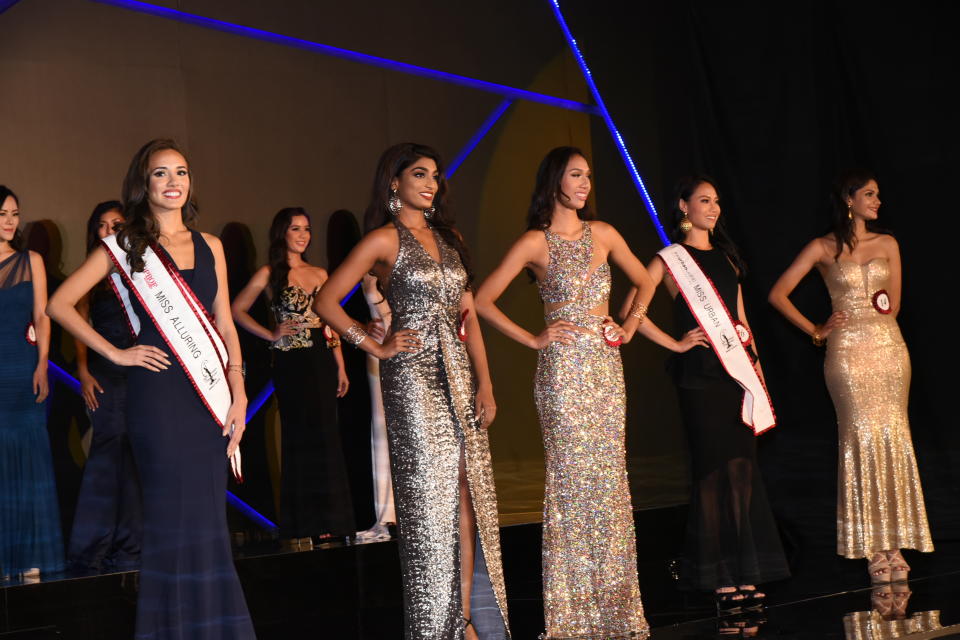 Top five finalists for the Miss Universe Singapore 2017 pageant. From left, Manuela Blanka Bruntraeger, Rudihra Ramathas, Emilbiany Nenggal Intong, Amanda Tan and Shonalie Raha. (Photo: Davy Yew)