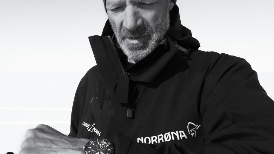 Norwegian polar explorer Børge Ousland wearing the Ulysse Nardin Diver Norrøna Arctic Night and arktis Gore-Tex® Pro jacket