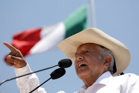 Leftist front-runner Andres Manuel Lopez Obrador of the National Regeneration Movement (MORENA) addresses supporters during a campaign rally in Zitacuaro, in Michoacan state, Mexico May 28, 2018. REUTERS/Alan Ortega