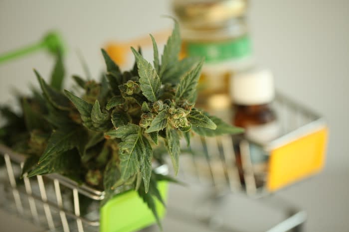 Two miniature shopping carts, one of which contains a cannabis flower and the other of which holds vials of cannabis oil.