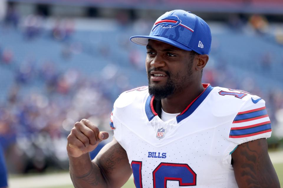 ORCHARD PARK, NEW YORK - AUGUST 12: Trent Sherfield #16 of the Buffalo Bills reacts after a preseason game against the Indianapolis Colts at Highmark Stadium on August 12, 2023 in Orchard Park, New York.