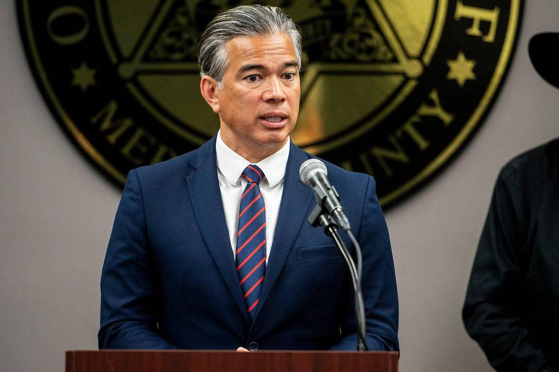 California Attorney General Rob Bonta speaks during a May 2023 news conference in Merced. Bonta was in Fresno last week to annouce the launch of a new Department of Justice program aimed at cracking down on illegal marijuana sales.