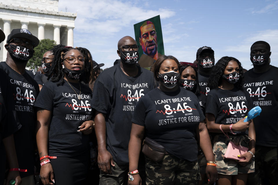 George Floyd's family rally at Lincoln Memorial during the March on Washington, Friday Aug. 28, 2020, on the 57th anniversary of the Rev. Martin Luther King Jr.'s "I Have A Dream" speech. (AP Photo/Jose Luis Magana)