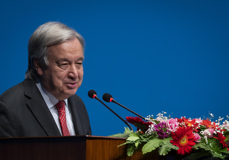 U.N. Secretary-General António Guterres, addresses the Nepalese Parliament in Kathmandu, Nepal, Tuesday, Oct. 31, 2023. (AP Photo/Niranjan Shrestha)